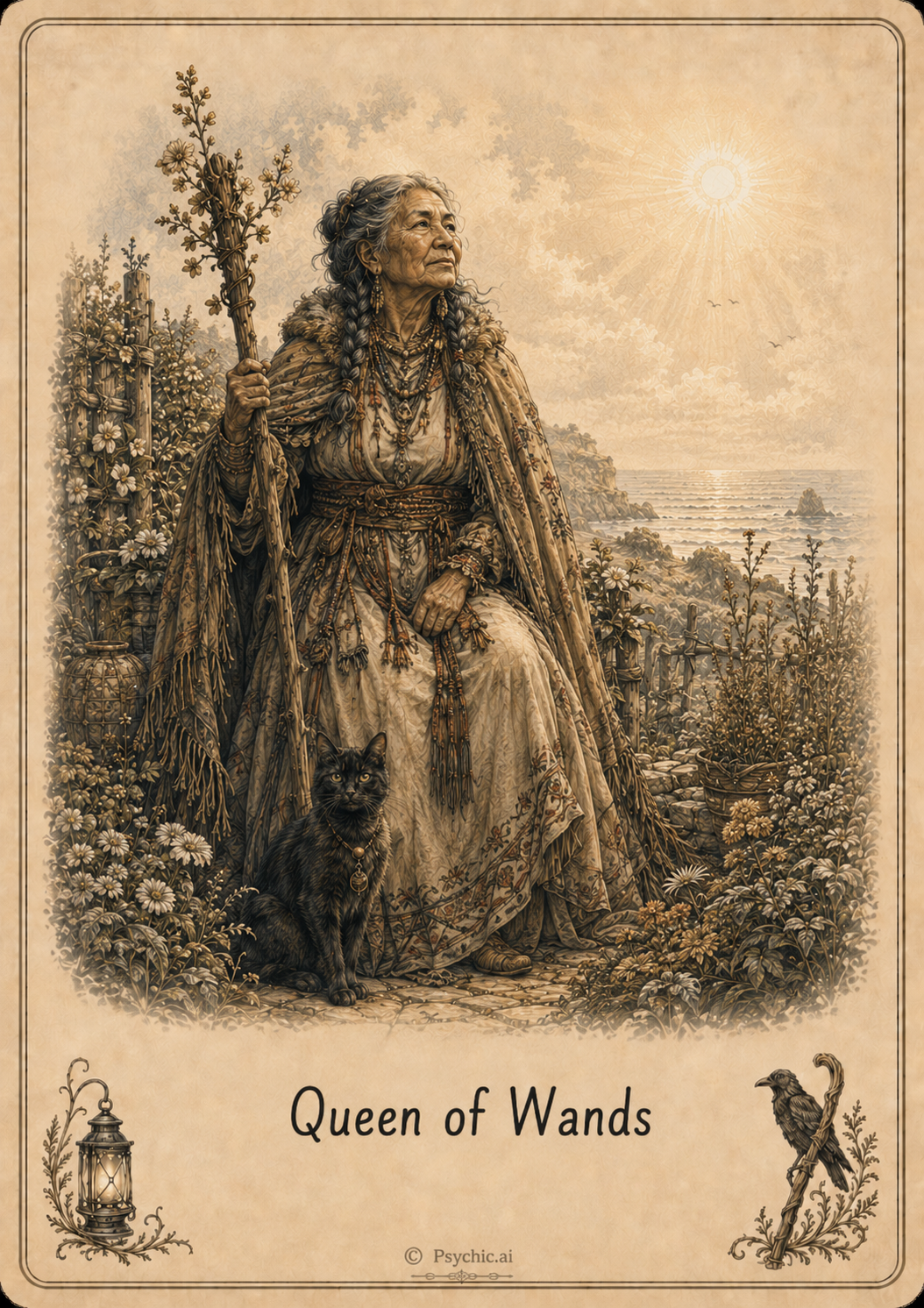 Queen of Wands tarot card illustration